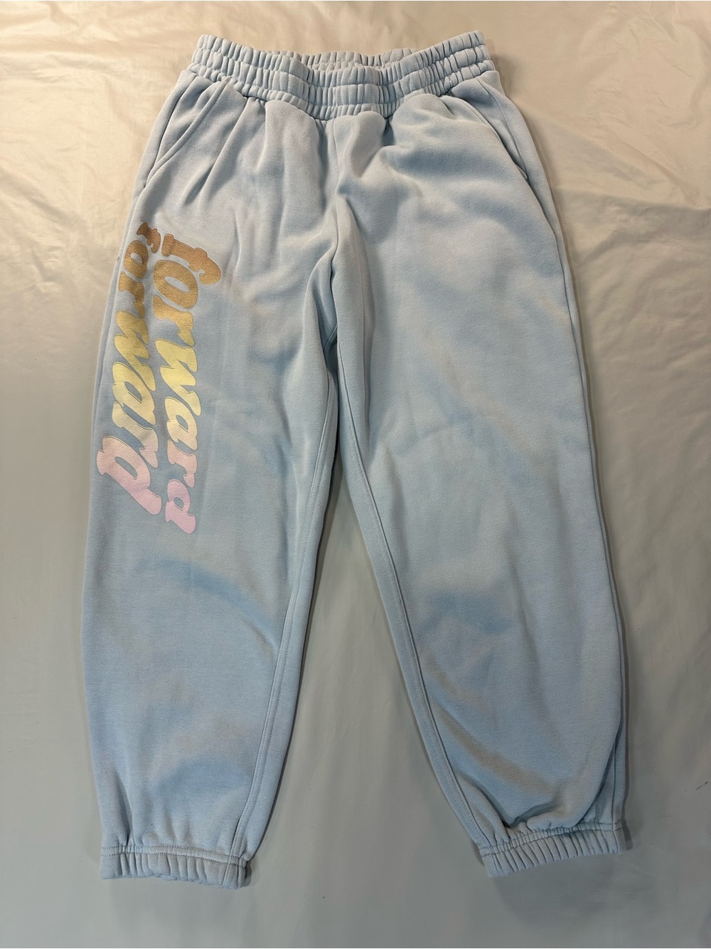 Fabletics Light Blue Women’s Medium Fleece Joggers with Pastel Gradient Script